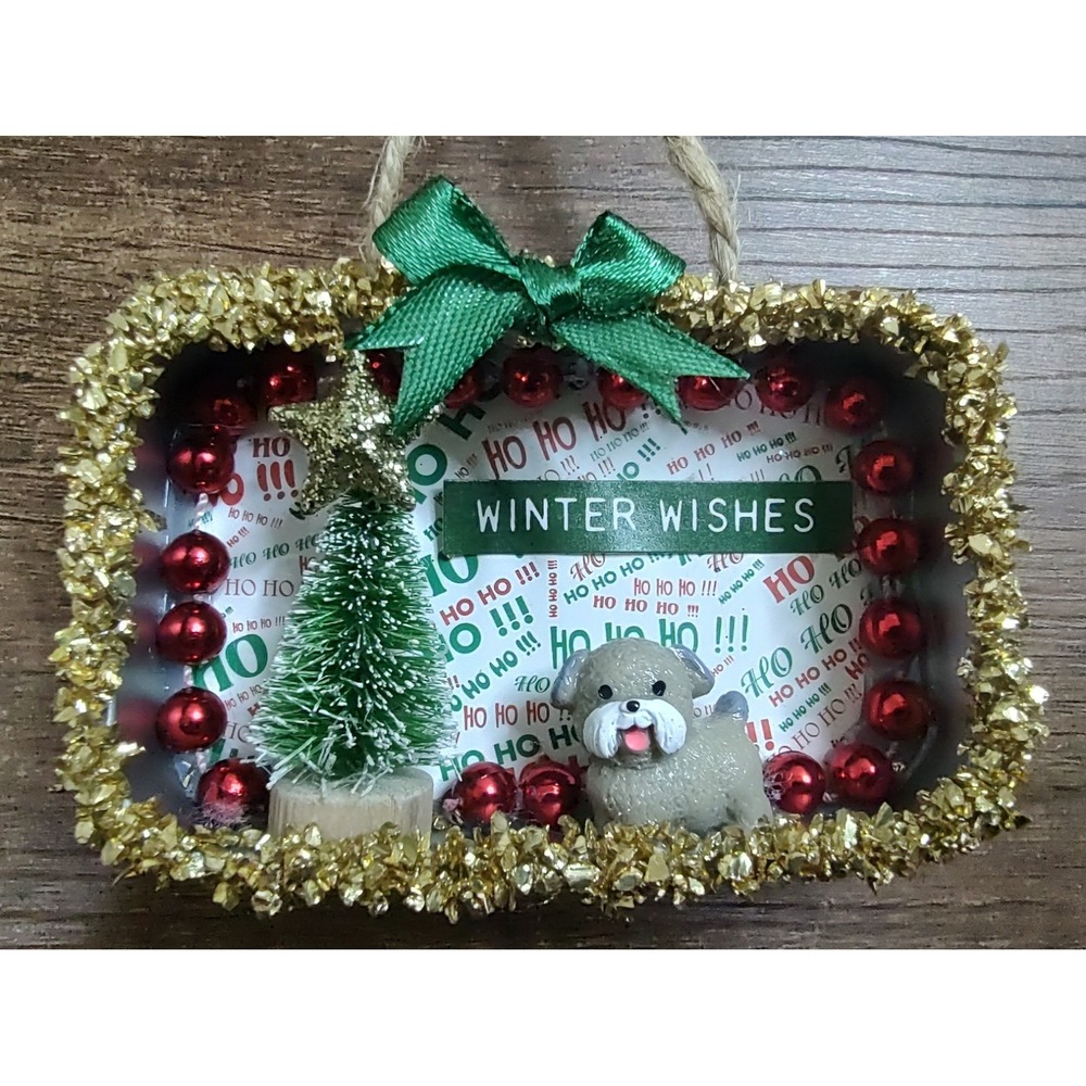 Dog Christmas Ornament Handmade Vtg Style OOAK Miniature Puppy Diorama O9
